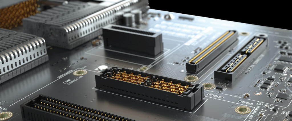 High-speed board-to-board and backplane products shown within a system.
