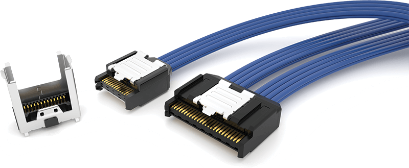 Shows 8 and 16 pair AcceleRate® slim body direct attach cable assemblies and mating board level connector.