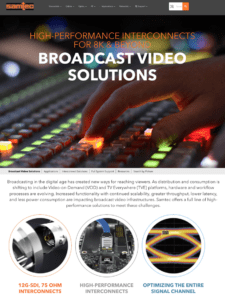 Samtec's Broadcast Video Solutions webpage featuring high-performance interconnects for 8K and beyond